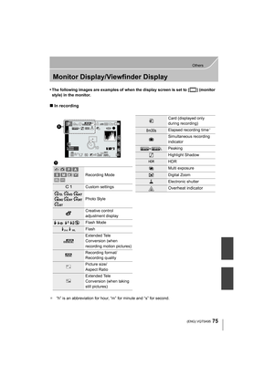 Page 7575
Others
 (ENG) VQT5A95
Monitor Display/Viewfinder Display
•The following images are examples of when the display screen is set to [ ] (monitor 
style) in the monitor.
∫In recording
¢ “h” is an abbreviation for hour, “m” for minute and “s” for second.
1
Recording Mode
Custom settings
Photo Style
Creative control 
adjustment display
‰ŒFlash Mode
Flash
Extended Tele 
Conversion (when 
recording motion pictures)
Recording format/
Recording quality
Picture size/
Aspect Ratio
Extended Tele 
Conversion (when...