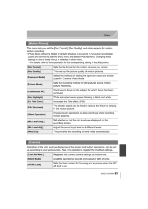 Page 8383
Others
 (ENG) VQT5A95
This menu lets you set the [Rec Format], [Rec Quality], and other aspects for motion 
picture recording.
•
[Photo Style], [Metering Mode], [Highlight Shadow], [i.Dynamic], [i.Resolution] and [Digital 
Zoom] are common to both the [Rec] menu a nd [Motion Picture] menu. Changing these 
settings in one of these menus is reflected in other menu.
–For details, refer to the explanation for the corresponding setting in the [Rec] menu.
Operation of the unit, such as displaying of the...