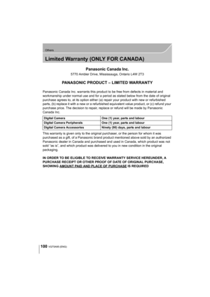 Page 100100
Others
VQT5A95 (ENG) 
Limited Warranty (ONLY FOR CANADA)
Panasonic Canada Inc.
5770 Ambler Drive, Mississauga, Ontario L4W 2T3
PANASONIC PRODUCT – LIMITED WARRANTY
Panasonic Canada Inc. warrants this product to be free from defects in material and 
workmanship under normal use and for a period as stated below from the date of original 
purchase agrees to, at its option either (a) repair your product with new or refurbished 
parts, (b) replace it with a new or a refurbished equivalent value product,...