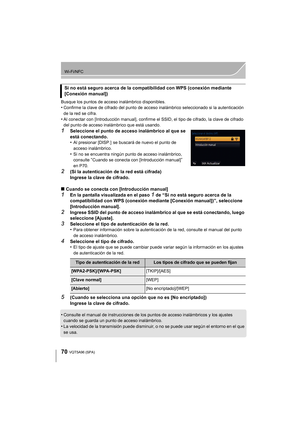 Page 7070
Wi-Fi/NFC
VQT5A96 (SPA) 
Busque los puntos de acceso inalámbrico disponibles.•Confirme la clave de cifrado del punto de acceso inalámbrico seleccionado si la autenticación 
de la red se cifra.
•Al conectar con [Introducción manual], confirme el SSID, el tipo de cifrado, la clave de cifrado 
del punto de acceso inalámbrico que está usando.
1Seleccione el punto de acceso inalámbrico al que se 
está conectando.
•
Al presionar [DISP. ]  se buscará de nuevo el punto de 
acceso inalámbrico.
•Si no se...