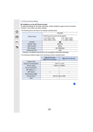 Page 1245. 4K Photo and Drive Settings
124
∫Limitations on the 4K Photo function
To optimize settings for 4K photo recording, certain limitations apply to some recording 
functions, menu items and other settings.
•
The following items are fixed to the settings indicated below:
¢ Settings in the [Motion Picture] menu are not applied to 
4K photo recording.
•The following limitations apply to the recording functions indi cated below:
[Picture Size][4K] (8M)•Following picture sizes will be applied:
[4:3]: (3328...