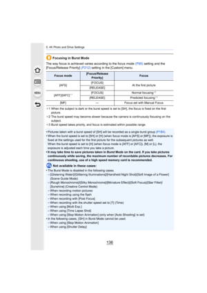 Page 1365. 4K Photo and Drive Settings
136
Focusing in Burst Mode
The way focus is achieved varies according to the focus mode  (P95) setting and the 
[Focus/Release Priority]  (P212) setting in the [Custom] menu.
¢1 When the subject is dark or the burst speed is set to [SH], th e focus is fixed on the first 
picture.
¢ 2 The burst speed may become slower because the camera is contin uously focusing on the 
subject.
¢ 3 Burst speed takes priority, and focus is estimated within poss ible range.
•Pictures taken...