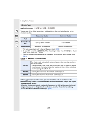 Page 199199
9. Using Menu Functions
Applicable modes: 
You can use either of the two shutters to take pictures: the mechanical shutter or the 
electronic shutter.
¢ 1 This setting is available only in Manual Exposure Mode.  (P73)
¢ 2 Up to an ISO sensitivity of [ISO3200]. When the setting is hig her than [ISO3200], the shutter 
speed will be faster than 1 second.
¢ 3 Electronic shutter sound settings can be changed in [E-Shutter  Vol]  and [E-Shutter Tone] . 
(P221)
•When [ ] is displayed on the screen, pictures...