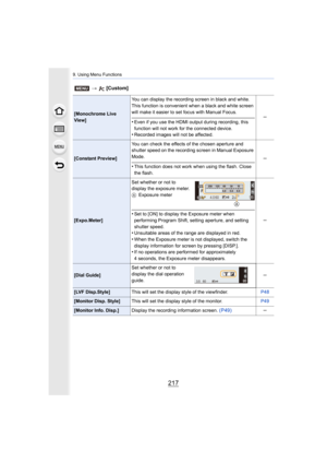 Page 217217
9. Using Menu Functions
[Monochrome Live 
View]You can display the recording screen in black and white. 
This function is convenient when a black and white screen 
will make it easier to set focus with Manual Focus.
•Even if you use the HDMI output during recording, this 
function will not work for the connected device.
•Recorded images will not be affected.
s
[Constant Preview]
You can check the effects of the chosen aperture and 
shutter speed on the recording screen in Manual Exposure 
Mode.
•This...