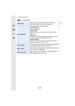 Page 219219
9. Using Menu Functions
[Eye Sensor]Setting the eye sensor sensitivity and the method for 
switching between the monitor and viewfinder.
P41
[Touch Settings]Enables/disables the Touch operation.
[Touch Screen]:All touch operations.
[Touch Tab]:Operations of tabs, such as [ ] on the right side of the 
screen.
[Touch AF]:Operation to bring the subject you touch into focus ([AF]) 
or adjust the focus and brightness ([AF+AE]).
[Touch Pad AF]:Operation to move the AF area by touching the monitor 
when the...