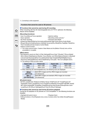 Page 30611. Connecting to other equipment
306
∫Functions that cannot be used during 3D recording
When recording with the 3D interchangeable lens (H-FT012: optio nal), the following 
feature will be disabled:
(Recording functions)
•
[Glistening Water]/[Glittering Illuminations]/[Handheld Night S hot] (Scene Guide Mode)•[Rough Monochrome]/[Impressive Art]/[High Dynamic]/[Toy Effect] /[Toy Pop]/[Star Filter]/[One 
Point Color]/[Sunshine] (Creative Control Mode)
•Defocus control function
¢ 1 The motion picture...