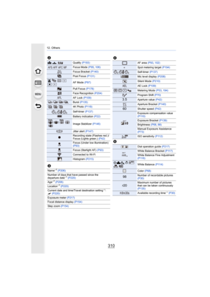 Page 31012. Others
310
2
A›Quality (P193)
Focus Mode  (P95, 106)
Focus Bracket (P140)
Post Focus  (P131)
š  
ØAF Mode  (P97)
Pull Focus  (P178)
Face Recognition  (P204)
AF Lock (P109)
Burst (P135)
4K Photo  (P118)
Self-timer  (P137)
 Battery indication  (P22)
Image Stabilizer (P146)
Jitter alert (P147)
Recording state (Flashes red.)/
Focus (Lights green.)  (P42)
Focus (Under low illumination) 
(P93)
Focus (Starlight AF) (P93)
Connected to Wi-Fi
Histogram (P215)
3
Name¢2 (P206)
Number of days that have passed...