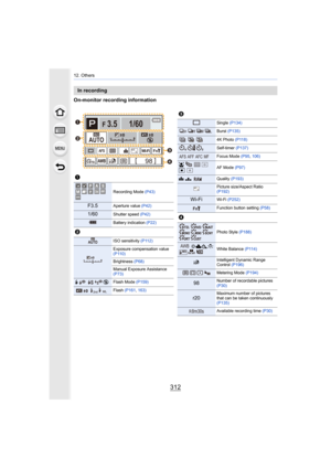 Page 31212. Others
312
On-monitor recording information
In recording
1
Recording Mode (P43)
F3.5Aperture value (P42)
1/60Shutter speed (P42)
Battery indication  (P22)
2
ISO sensitivity (P112)
Exposure compensation value 
(P110)
Brightness (P68)
Manual Exposure Assistance 
(P73)
‰ŒFlash Mode  (P159)
Flash (P161, 163)
F 3.5
98AW B
1/60
000
Fn
ISOAUTO
Wi-FiL4:3AFSAFS




C11EXPS EXPS
ISOAUTO
00
WL
3
Single 
(P134)
Burst (P135)
4K Photo  (P118)
Self-timer  (P137)
Focus Mode  (P95, 106)
š
ØAF Mode  (P97)...