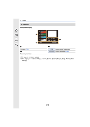 Page 315315
12. Others
Histogram display
¢1 h: hour, m: minute, s: second
¢ 2 It is displayed in order of [Title], [Location], [Name] ([Baby 1]/[Baby2], [Pet]), [Name] ([Face 
Recog.]).
In playback
1/98
F3.5 60ISO2000
100-0001



1 3
Histogram 
(P50)
2
Recording information
1/98Picture number/Total pictures
100-0001Folder/File number  (P299) 