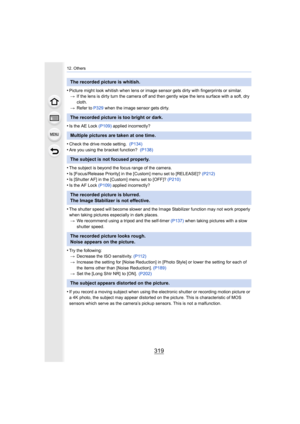 Page 319319
12. Others
•Picture might look whitish when lens or image sensor gets dirty with fingerprints or similar.
> If the lens is dirty turn the camera off and then gently wipe t he lens surface with a soft, dry 
cloth.
> Refer to  P329 when the image sensor gets dirty.
•Is the AE Lock  (P109) applied incorrectly?
•Check the drive mode setting.   (P134)•Are you using the bracket function?   (P138)
•The subject is beyond the focus range of the camera.
•Is [Focus/Release Priority] in the [Custom] menu set to...