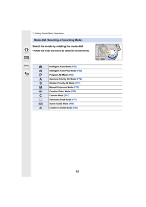 Page 4343
2. Getting Started/Basic Operations
Select the mode by rotating the mode dial.
•Rotate the mode dial slowly to select the desired mode.
Mode dial (Selecting a Recording Mode)
Intelligent Auto Mode (P62)
Intelligent Auto Plus Mode  (P63)
Program AE Mode (P69)
Aperture-Priority AE Mode  (P72)
Shutter-Priority AE Mode (P72)
Manual Exposure Mode (P73)
Creative Video Mode (P89)
Custom Mode (P91)
Panorama Shot Mode  (P77)
Scene Guide Mode (P80)
Creative Control Mode  (P83) 