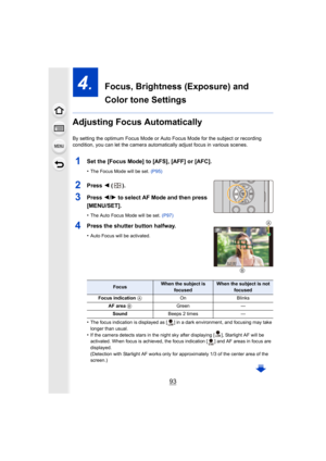 Page 9393
4.  Focus, Brightness (Exposure) and 
Color tone Settings
Adjusting Focus Automatically
By setting the optimum Focus Mode or Auto Focus Mode for the subject or recording 
condition, you can let the camera automatically adjust focus in  various scenes.
1Set the [Focus Mode] to [AFS], [AFF] or [AFC].
•The Focus Mode will be set. (P95)
2Press 2 ().
3Press  2/1 to select AF Mode and then press 
[MENU/SET].
•The Auto Focus Mode will be set.  (P97)
4Press the shutter button halfway.
•Auto Focus will be...