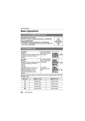 Page 2424SQT1310 (ENG) 
Preparation/Basic
Basic Operations
Pressing the cursor button:
Selection of items or setting of values etc., is performed.
Pressing [MENU/SET]:
Confirmation of setting contents, etc., is performed.
•
This owner's manual expresses the up, down, left, and right of the 
cursor button as 3/4/2/1.
Allows you to set the aperture, shutter speed, and other settin gs when in  / /
/ modes.
Cursor buttons/[MENU/SET] button
Front Dial/Rear Dial
Front Dial
Rotating:
Selection of items or setting...