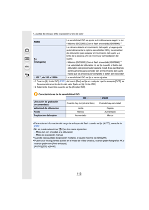 Page 113113
4. Ajustes de enfoque, brillo (exposición) y tono de color
¢1 Cuando [Aj. límite ISO]  (P201) del menú [Rec] se fija en cualquier opción excepto [OFF], se 
fija automáticamente dentro del valor fijado en [Aj. límite ISO ].
¢ 2 Solamente disponible cuando se fija [Ampliar ISO].
•Para obtener información del rango de enfoque del flash cuando  se fija [AUTO], consulte la 
P157 .
•No se puede seleccionar [ ] en los casos siguientes:–Modo AE con prioridad a la obturación–Modo de exposición manual
•Cuando...