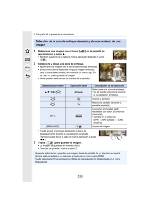 Page 133133
5. Fotografía 4K y ajustes del accionamiento
1Seleccione una imagen con el icono [ ] en la pantalla de 
reproducción y pulse 3.
•
También puede llevar a cabo la misma operación tocando el icono 
[].
2Seleccione y toque una zona de enfoque.
•Aparecerá una imagen con la zona seleccionada enfocada.
•Si no se encuentra disponible ninguna imagen enfocada 
para la zona seleccionada, se mostrará un marco rojo. En 
tal caso no podrá guardar la imagen.
•No se pueden seleccionar los bordes de la pantalla....