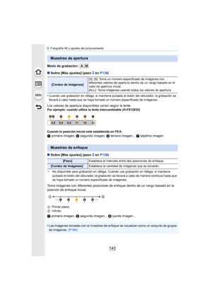 Page 1405. Fotografía 4K y ajustes del accionamiento
140
Modo de grabación: 
∫Sobre [Más ajustes] (paso 
2 en  P138 )
•
Cuando use grabación en ráfaga, si mantiene pulsado el botón de l obturador, la grabación se 
llevará a cabo hasta que se haya tomado un número especificado  de imágenes.
Los valores de apertura disponibles varían según la lente.Por ejemplo: cuando utilice la lente intercambiable (H-FS12032)
Cuando la posición inicial está establecida en F8.0:
1 primera imagen,  2 segunda imagen,  3 tercera...