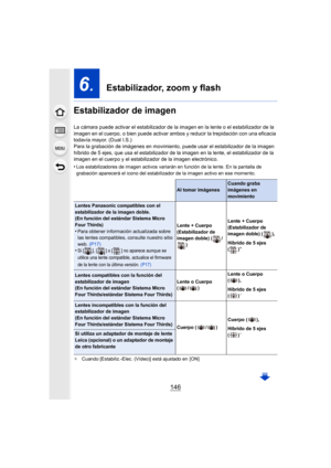 Page 146146
6.  Estabilizador, zoom y flash
Estabilizador de imagen
La cámara puede activar el estabilizador de la imagen en la len te o el estabilizador de la 
imagen en el cuerpo, o bien puede activar ambos y reducir la tr epidación con una eficacia 
todavía mayor. (Dual I.S.)
Para la grabación de imágenes en movimiento, puede usar el esta bilizador de la imagen 
híbrido de 5 ejes, que usa el estabilizador de la imagen en la  lente, el estabilizador de la 
imagen en el cuerpo y el estabilizador de la imagen...