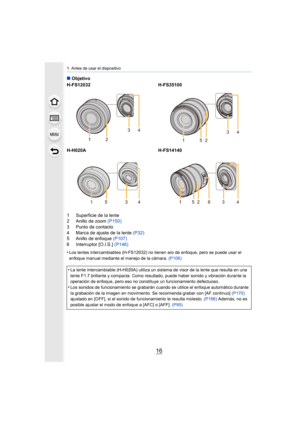 Page 161. Antes de usar el dispositivo
16
∫Objetivo
1 Superficie de la lente
2 Anillo de zoom  (P150)
3 Punto de contacto
4 Marca de ajuste de la lente  (P32)
5 Anillo de enfoque  (P107)
6 Interruptor [O.I.S.]  (P146)
•
Los lentes intercambiables (H-FS12032) no tienen aro de enfoque , pero se puede usar el 
enfoque manual mediante el manejo de la cámara.  (P106)
H-FS12032H-FS35100
H-H020A H-FS14140
•
La lente intercambiable (H-H020A)  utiliza un sistema de visor de la lente que resulta en una 
lente F1.7...