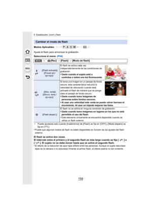 Page 159159
6. Estabilizador, zoom y flash
Modos Aplicables: 
Ajuste el flash para armonizar la grabación.
Seleccione el menú. (P54)
¢Puede ajustarse solo cuando [Inalámbrico]  de [Flash]  se fija en   [OFF] y [Modo disparo] se 
fija en [TTL].
•Puede que algunos modos de flash no estén disponibles en funció n de los ajustes del flash 
externo.
El flash se activa dos veces.
El intervalo entre el primero y el segundo flash es más largo cuando se fija [ ] o 
[ ]. El sujeto no se debe mover hasta que se active el...