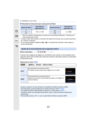 Page 161161
6. Estabilizador, zoom y flash
∫Velocidad de obturación para cada ajuste del flash
¢Esto se convierte en 60 segundos en el modo AE con prioridad al  obturador y T (Tiempo) en el 
modo de exposición manual.
•Cuando el flash está activado la velocidad más rápida del obtur ador que se puede seleccionar 
es 1/160 de un segundo.
•En el modo automático inteligente (  o  ), la velocidad del obtur ador cambia según la 
escena identificada.
Modos Aplicables: 
Cuando toma imágenes de objetos en movimiento como...