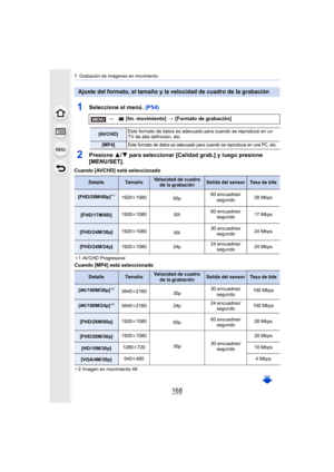 Page 1687. Grabación de imágenes en movimiento
168
1Seleccione el menú. (P54)
2Presione 3/4 para seleccionar [Calidad grab.] y luego presione 
[MENU/SET].
Cuando [AVCHD] está seleccionado
¢ 1 AVCHD Progressive
Cuando [MP4] está seleccionado
¢2 Imagen en movimiento 4K
Ajuste del formato, el tamaño y la velocidad de cuadro de la gr abación
> [Im. movimiento] >  [Formato de grabación]
[AVCHD]Este formato de datos es adecuado para cuando se reproduce en u
n 
TV de alta definición, etc.
[MP4]Este formato de datos es...