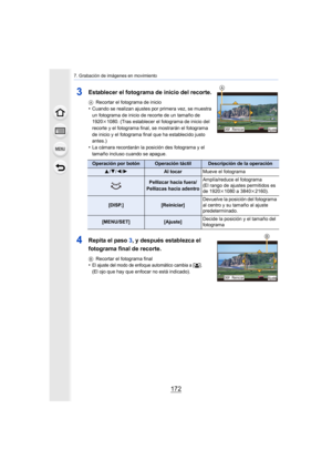 Page 1727. Grabación de imágenes en movimiento
172
3Establecer el fotograma de inicio del recorte.
ARecortar el fotograma de inicio•Cuando se realizan ajustes por primera vez, se muestra 
un fotograma de inicio de recorte de un tamaño de 
1920k 1080. (Tras establecer el fotograma de inicio del 
recorte y el fotograma final, se mostrarán el fotograma 
de inicio y el fotograma final que ha establecido justo 
antes.)
•La cámara recordarán la posición des fotograma y el 
tamaño incluso cuando se apague.
4Repita el...