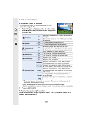 Page 189189
9. Uso de las funciones del menú
∫Ajuste de la calidad de la imagen
•La calidad de la imagen no se puede ajustar en el modo 
automático inteligente Plus.
1Pulse  2/1  para seleccionar el tipo de estilo de foto.2Pulse  3/4 para seleccionar los detalles, luego pulse 
2 /1  para fijar.
¢1 [Tono color] aparece sólo cuando se selecciona [Monocromo] o [ L.Monocromo]. En 
otros casos, aparecerá [Saturación].
¢ 2
Solo se visualiza cuando [Monocromo] o [L.Monocromo] está selec cionado.
•Si ajusta la calidad...
