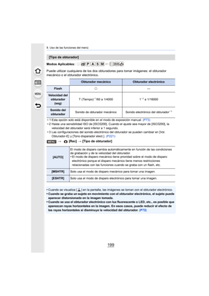 Page 199199
9. Uso de las funciones del menú
Modos Aplicables: 
Puede utilizar cualquiera de los dos obturadores para tomar imágenes: el obturador 
mecánico o el obturador electrónico.
¢ 1 Esta opción solo está disponible en el modo de exposición manu al. (P73)
¢ 2 Hasta una sensibilidad ISO de [I SO3200]. Cuando el ajuste sea mayor de [ISO3200], la 
velocidad del obturador será inferior a 1 segundo.
¢ 3 Las configuraciones del sonido electrónico del obturador se pu eden cambiar en [Vol. 
Obturador-E]  y [Tono...