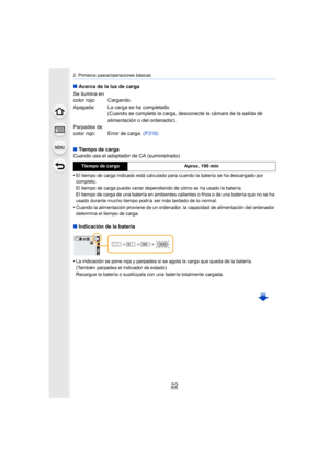Page 222. Primeros pasos/operaciones básicas
22
∫Acerca de la luz de carga
∫ Tiempo de carga
Cuando usa el adaptador de CA (suministrado)
•
El tiempo de carga indicado está calculado para cuando la batería se ha descargado por 
completo.
El tiempo de carga puede variar dependiendo de cómo se ha usado  la batería.
El tiempo de carga de una batería en ambientes calientes o frío s o de una batería que no se ha 
usado durante mucho tiempo podría ser más tardado de lo normal.
•Cuando la alimentación proviene de un...