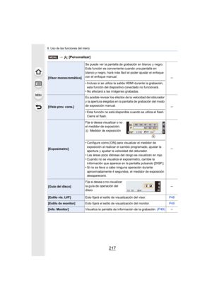 Page 217217
9. Uso de las funciones del menú
[Visor monocromático]Se puede ver la pantalla de grabación en blanco y negro. 
Esta función es conveniente cuando una pantalla en 
blanco y negro, hará más fácil el poder ajustar el enfoque 
con el enfoque manual.
•Incluso si se utiliza la salida HDMI durante la grabación, 
esta función del dispositivo conectado no funcionará.
•No afectará a las imágenes grabadas.
s
[Vista prev. cons.]
Es posible revisar los efectos de la velocidad del obturador 
y la apertura...