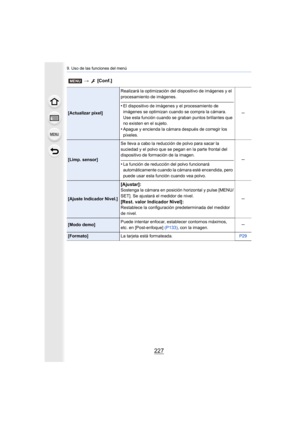 Page 227227
9. Uso de las funciones del menú
[Actualizar píxel]Realizará la optimización del dispositivo de imágenes y el 
procesamiento de imágenes.
•El dispositivo de imágenes y el procesamiento de 
imágenes se optimizan cuando se compra la cámara. 
Use esta función cuando se graban puntos brillantes que 
no existen en el sujeto.
•Apague y encienda la cámara después de corregir los 
píxeles. s
[Limp. sensor]
Se lleva a cabo la reducción de polvo para sacar la 
suciedad y el polvo que se pegan en la parte...