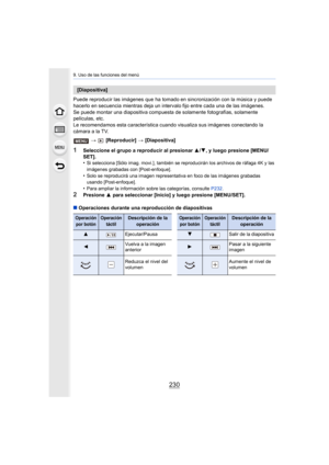 Page 2309. Uso de las funciones del menú
230
Puede reproducir las imágenes que ha tomado en sincronización c on la música y puede 
hacerlo en secuencia mientras deja un intervalo fijo entre cada  una de las imágenes.
Se puede montar una diapositiva compuesta de solamente fotograf ías, solamente 
películas, etc.
Le recomendamos esta característica cuando visualiza sus imágen es conectando la 
cámara a la TV.
>  [Reproducir]  > [Diapositiva]
1Seleccione el grupo a reproducir al presionar  3/4, y luego presione...