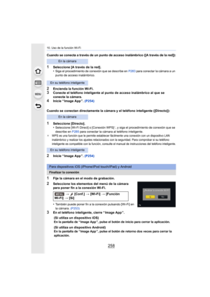Page 25810. Uso de la función Wi-Fi
258
Cuando se conecta a través de un punto de acceso inalámbrico ([A través de la red]):
1Seleccione [A través de la red].
•Siga el procedimiento de conexión que se describe en P283 para conectar la cámara a un 
punto de acceso inalámbrico.
2Encienda la función Wi-Fi.3Conecte el teléfono inteligente al punto de acceso inalámbrico  al que se 
conecta la cámara.
4Inicie “ Image App ”.  (P254)
Cuando se conectan directamente la cámara y el teléfono intelig ente ([Directo]):...