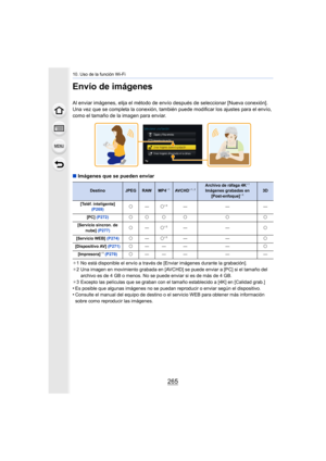 Page 265265
10. Uso de la función Wi-Fi
Envío de imágenes
Al enviar imágenes, elija el método de envío después de seleccionar [Nueva conexión].
Una vez que se completa la conexión, también puede modificar los ajustes para el envío, 
como el tamaño de la imagen para enviar.
∫ Imágenes que se pueden enviar
¢1 No está disponible el envío a través de [Enviar imágenes durante la grabación].
¢ 2 Una imagen en movimiento grabada en [AVCHD] se puede enviar a  [PC] si el tamaño del 
archivo es de 4 GB o menos. No se...