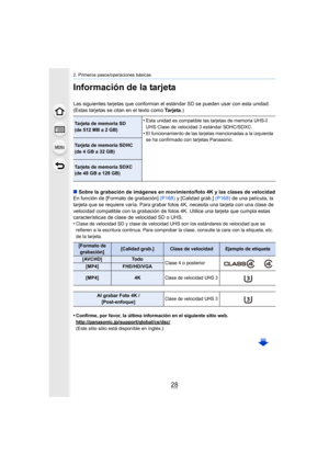 Page 282. Primeros pasos/operaciones básicas
28
Información de la tarjeta
Las siguientes tarjetas que conforman el estándar SD se pueden usar con esta unidad.
(Estas tarjetas se citan en el texto como  Ta r j e ta.)
∫ Sobre la grabación de imágenes en movimiento/foto 4K y las clas es de velocidad
En función de [Formato de grabación]  (P168) y [Calidad grab.]  (P168) de una película, la 
tarjeta que se requiere varía. Para grabar fotos 4K, necesita una tarjeta con una clase de 
velocidad compatible con la...