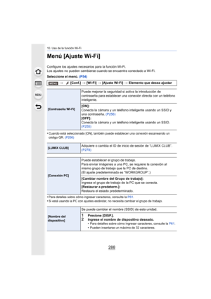 Page 28810. Uso de la función Wi-Fi
288
Menú [Ajuste Wi-Fi]
Configure los ajustes necesarios para la función Wi-Fi.
Los ajustes no pueden cambiarse cuando se encuentra conectado a Wi-Fi.
Seleccione el menú.  (P54)
•
Cuando está seleccionado [ON], también puede establecer una con exión escaneando un 
código QR.  (P256)
•Para detalles sobre cómo ingresar caracteres, consulte la  P61.•Si está usando la PC con ajustes estándar, no necesita cambiar  el grupo de trabajo.
> [Conf.]  > [Wi-Fi]  > [Ajuste Wi-Fi] >...