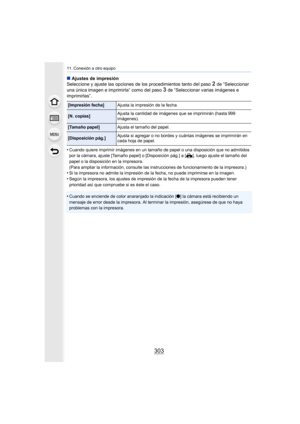 Page 303303
11. Conexión a otro equipo
∫Ajustes de impresión
Seleccione y ajuste las opciones de los procedimientos tanto de l paso 2 de “Seleccionar 
una única imagen e imprimirla” como del paso 
3 de “Seleccionar varias imágenes e 
imprimirlas”.
•
Cuando quiere imprimir imágenes  en un tamaño de papel o una disposición que no admitidos 
por la cámara, ajuste [Tamaño papel] o [Disposición pág.] a [{], luego ajuste el tamaño del 
papel o la disposición en la impresora.
(Para ampliar la información, consulte las...