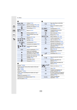 Page 31012. Otros
310
2
A›Calidad (P193)
Modo de enfoque  (P95, 106)
Muestreo de enfoque  (P140)
Post-enfoque (P131)
š  
ØModo AF  (P97)
Enfoque gradual  (P178)
Reconocimiento de la cara 
(P204)
Bloqueo AF (P109)
Ráfaga (P135)
Foto 4K  (P118)
Autodisparador  (P137)
 Indicación de la batería  (P22)
Estabilizador de imagen 
(P146)
Aviso de trepidación (P147)
Estado de la grabación 
(Parpadea en rojo.)/Enfoque 
(Se ilumina en verde.)  (P42)
Enfoque (Con poca luz)  (P93)
Enfoque (AF con luz de 
estrellas) (P93)...