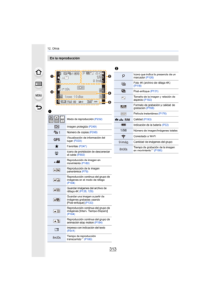 Page 313313
12. Otros
En la reproducción
1
Modo de reproducción (P232)
Imagen protegida (P249)
Número de copias  (P248)
Visualización de información del 
lugar (P233)
ÜFavoritas  (P247)
åIcono de prohibición de desconectar 
el cable (P302)
Reproducción de imagen en 
movimiento  (P180)
Reproducción de la imagen 
panorámica  (P79)
Reproducción continua del grupo de 
imágenes en el modo de ráfaga 
(P184)
Guardar imágenes del archivo de 
ráfaga 4K (P126, 129)
Guardar una imagen a partir de 
imágenes grabadas usando...