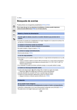 Page 31812. Otros
318
Búsqueda de averías
Pruebe primero con el siguiente procedimiento (P318 a P327).
•
El sonido es causado por el estabilizador de imagen integrado en el cuerpo de la cámara. No 
se trata de un funcionamiento defectuoso.
•Se acabó la batería. Cargue la batería.  (P19)
•[Ahorro] está activado. (P223)
•Este fenómeno ocurre cuando la carga se realiza en un lugar donde la temperatura es muy alta 
o muy baja.
>
Vuelva a conectar el cable de conexión USB (suministrado) en un  lugar donde la...
