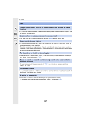 Page 327327
12. Otros
•En función de la lente instalada, puede moverse dentro y crear un sonido. Esto no significa que 
no funciona correctamente.
•Este es el ruido de la función de reducción de polvo  (P329); esto no es una falla.
•Es el sonido del movimiento de la lente o de la operación de ap ertura cuando esta unidad se 
enciende o apaga, y no es una falla.
•El sonido, que puede ser originado por el ajuste automático de  la apertura, se oye cuando ha 
cambiado el brillo debido, por ejemplo, al cambio del...