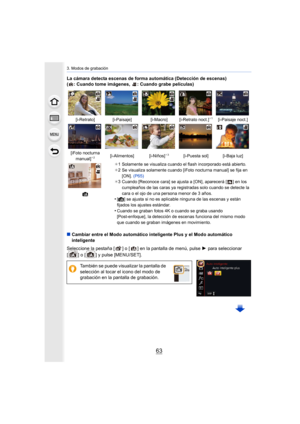 Page 6363
3. Modos de grabación
La cámara detecta escenas de forma automática (Detección de escenas)
( : Cuando tome imágenes,  : Cuando grabe películas)
∫ Cambiar entre el Modo automático inteligente Plus y el Modo automático 
inteligente
Seleccione la pestaña [ ] o [ ] en la pantalla de menú, pulse  1 para seleccionar 
[ ] o [ ] y pulse [MENU/SET].
[i-Retrato] [i-Paisaje] [i-Macro] [i-Retrato noct.]¢ 1[i-Paisaje noct.]
[iFoto nocturna  manual]
¢2[i-Alimentos] [i-Niños]¢ 3[i-Puesta sol] [i-Baja luz]
¢ 1...