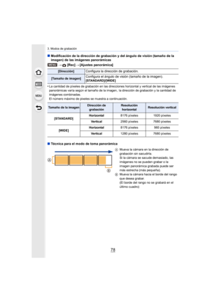 Page 783. Modos de grabación
78
∫Modificación de la dirección de grabación y del ángulo de visió n (tamaño de la 
imagen) de las imágenes panorámicas
>
 [Rec] >[Ajustes panorámica]
•
La cantidad de píxeles de grabación en las direcciones horizont al y vertical de las imágenes 
panorámicas varía según el tamaño de la imagen, la dirección de grabación y la cantidad de 
imágenes combinadas.
El número máximo de pixeles se muestra a continuación.
∫ Técnica para el modo de toma panorámica
[Dirección]Configura la...