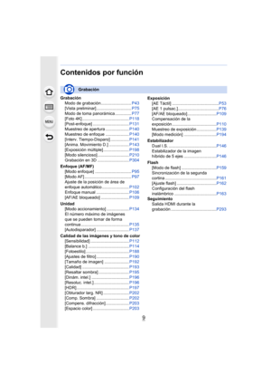 Page 99
Contenidos por función
GrabaciónModo de grabación.......................... P43
[Vista preliminar].............................. P75
Modo de toma panorámica .............. P77
[Foto 4K] ........................................ P118
[Post-enfoque] ............................... P131
Muestreo de apertura .................... P140
Muestreo de enfoque .................... P140
[Interv. Tiempo-Disparo] ................ P141
[Anima. Movimiento D.] ................. P143
[Exposición múltiple]...
