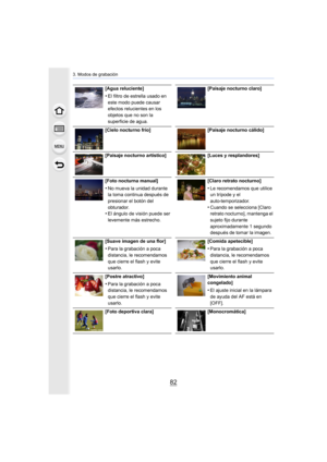Page 823. Modos de grabación
82
[Agua reluciente]
•El filtro de estrella usado en 
este modo puede causar 
efectos relucientes en los 
objetos que no son la 
superficie de agua.[Paisaje nocturno claro]
[Cielo nocturno frío] [Paisaje nocturno cálido]
[Paisaje nocturno artístico] [Luces y resplandores]
[Foto nocturna manual]
•No mueva la unidad durante 
la toma continua después de 
presionar el botón del 
obturador.
•El ángulo de visión puede ser 
levemente más estrecho. [Claro retrato nocturno]
•Le recomendamos...