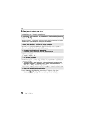 Page 7272SQT1312 (SPA) 
Otro
Búsqueda de averías
Pruebe primero con el siguiente procedimiento.
•
También consulte el “Instrucciones de funcionamiento para características avanzadas 
(formato PDF)”, donde se describe información más detallada.
•El sonido es causado por el estabilizador de imagen integrado en el cuerpo de la 
cámara. No se trata de un funcionamiento defectuoso.
•La batería está agotada.
>Cargue la batería. (P12)
•Este fenómeno ocurre cuando la carga se realiza en un lugar donde la temperatura es...
