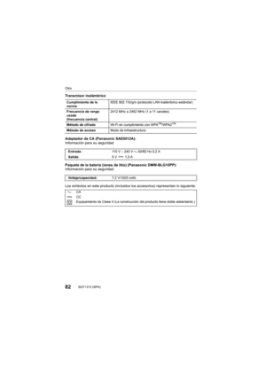 Page 8282SQT1312 (SPA) 
Otro
Transmisor inalámbrico
Adaptador de CA (Panasonic SAE0012A):
Información para su seguridad
Paquete de la batería (iones de litio) (Panasonic DMW-BLG10PP):
Información para su seguridad
Los símbolos en este producto (incluidos los accesorios) representan lo siguiente:
Cumplimiento de la 
normaIEEE 802.11b/g/n (protocolo LAN inalámbrico estándar)
Frecuencia de rango 
usada 
(frecuencia central) 2412 MHz a 2462 MHz (1 a 11 canales)
Método de cifrado Wi-Fi en cumplimiento con WPA...