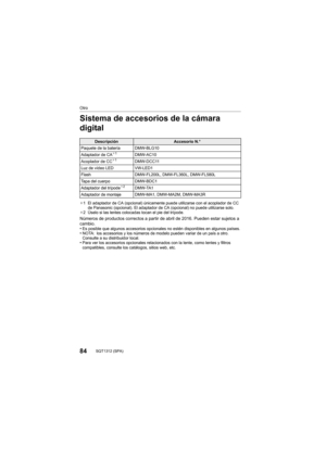 Page 8484SQT1312 (SPA) 
Otro
Sistema de accesorios de la cámara 
digital
¢1 El adaptador de CA (opcional) únicamente puede utilizarse con el acoplador de CC de Panasonic (opcional). El adaptador de CA (opcional) no puede  utilizarse solo.
¢2 Úselo si las lentes colocadas tocan el pie del trípode.
Números de productos correctos a partir de abril de 2016. Puede n estar sujetos a 
cambio.
•
Es posible que algunos accesorios opcionales no estén disponibles en algunos países.•NOTA: los accesorios y los números de...