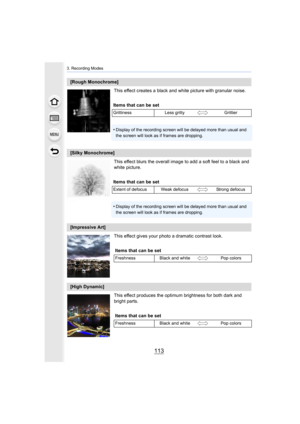 Page 113113
3. Recording Modes
This effect creates a black and white picture with granular noise.
This effect blurs the overall image to add a soft feel to a bla ck and 
white picture.
This effect gives your photo a dramatic contrast look.
This effect produces the optimum brightness for both dark and 
bright parts.
[Rough Monochrome]
Items that can be set
Grittiness Less gritty Grittier
•Display of the recording screen will be delayed more than usual  and 
the screen will look as if frames are dropping.
[Silky...