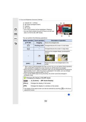 Page 1605. Focus and Brightness (Exposure) Settings
160
AIndicator for ¶  (infinity)
B MF Assist (enlarged screen)
C Peaking
D MF Guide
•The in-focus portions will be highlighted. (Peaking)•You can check whether the point of focus is to the near 
side or to the far side. (MF Guide)
You can perform the following operations:
¢When using an interchangeable lens with no focus ring, you can perform these operations 
after pressing 4 to display the screen that lets you set the area to be enlarged .•When the picture is...